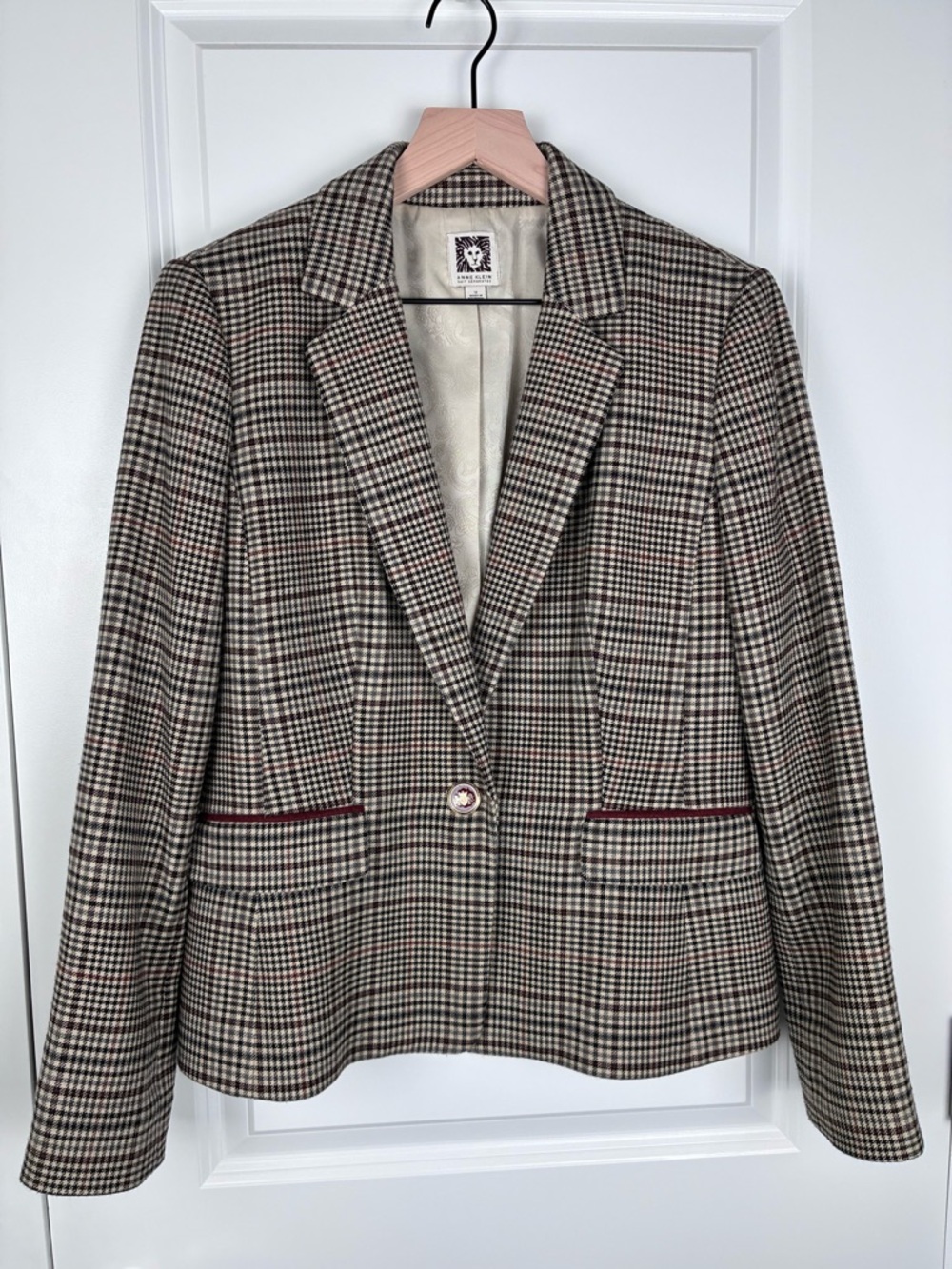 Anne Klein Suit Separate Plaid Button Blazer Jacket - Neutral Brown Size 12
